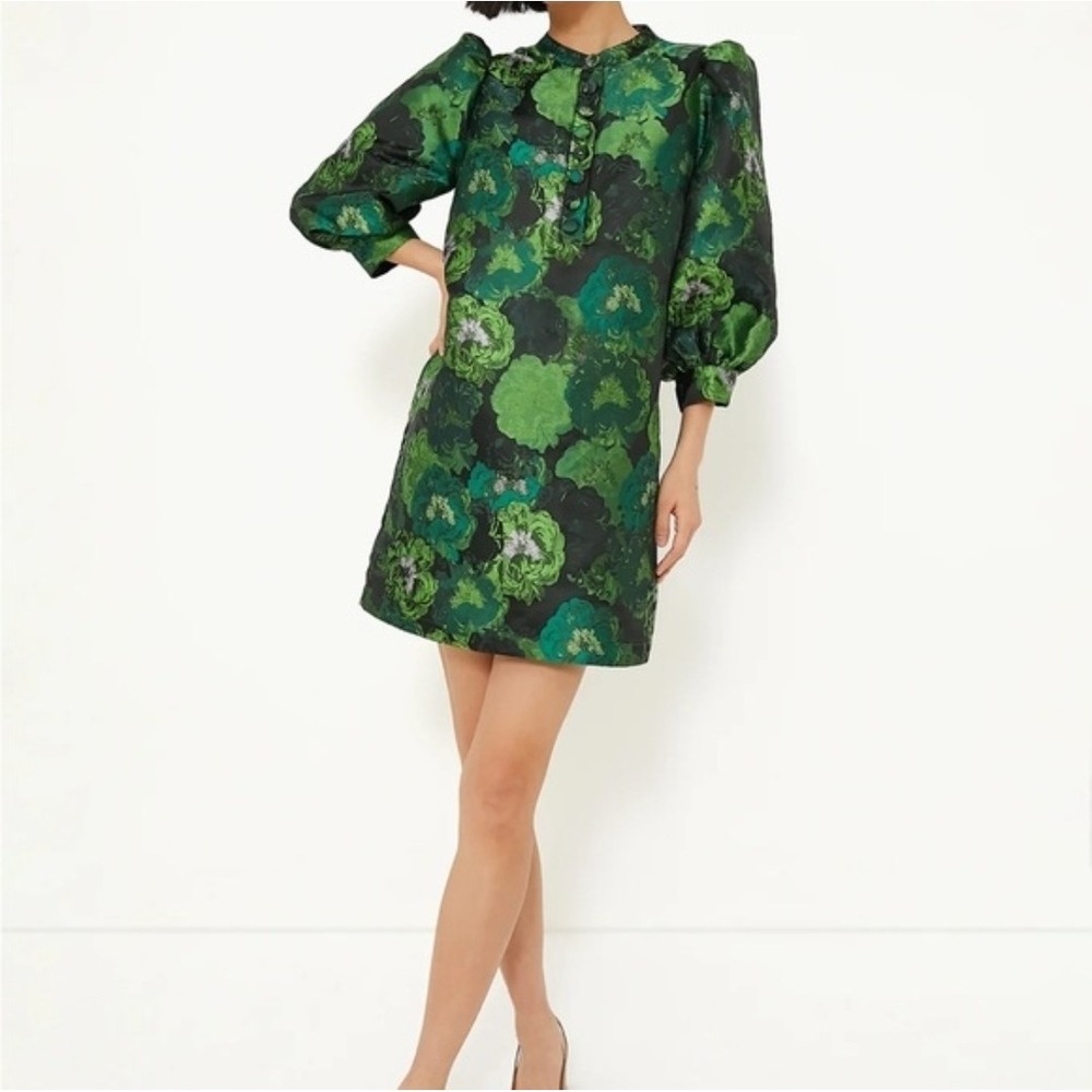 Pomander Place NWT Samantha Green Jacquard Brocade Mini Dress Floral Puff Size L